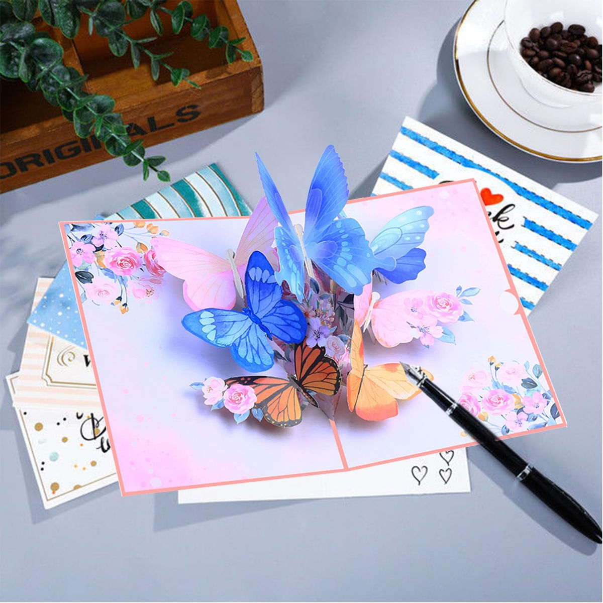 Pop Up Card, Butterfly and Flower 3D Greeting Card with Envelope for Any Occasion, Birthday, Mother's Day, Anniversary, Valentines Day, Handmade Gifts, Foldable Celebration Cards for Friends