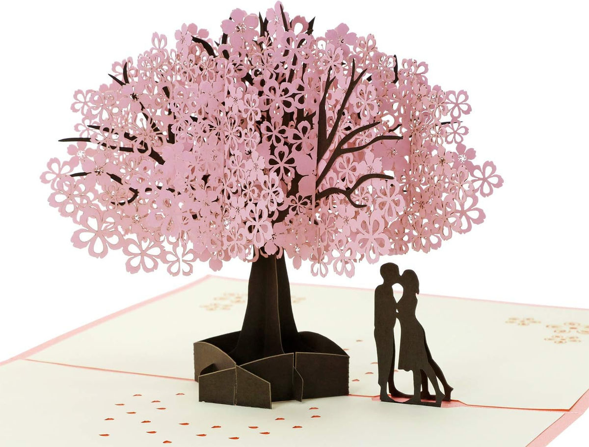 Cherry Blossom Card Pop Up 3D Flower Card Romantic Love Letter Greeting Anniversary Wedding Valentine Birthday Gift Card Blank Stationery Paper Card for Her Him Husband Wife