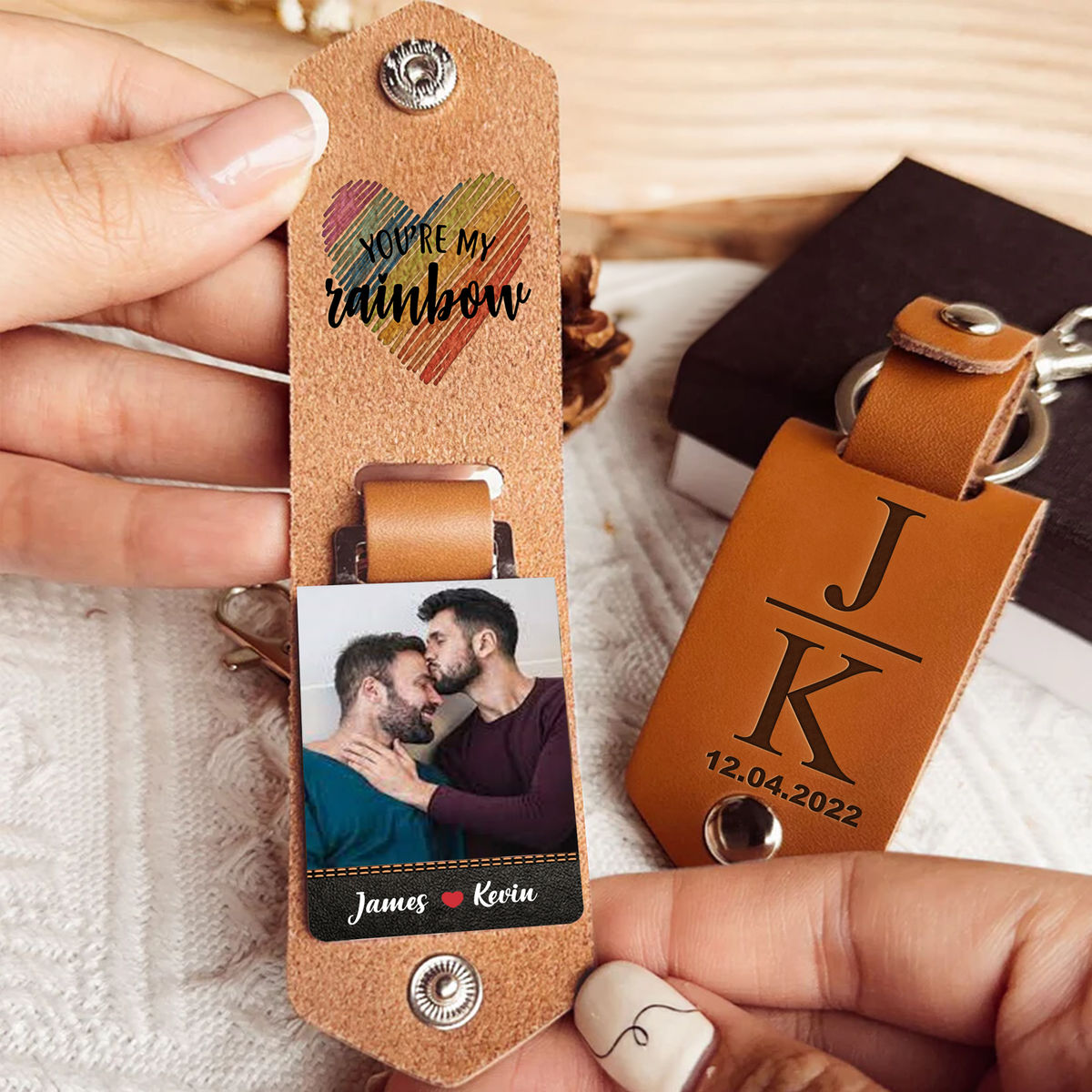 Gift For Couples - Custom Leather Keychain - You Are My Rainbow - Upload Your Photo - Gift For Pride Month - Personalized Photo Keychain