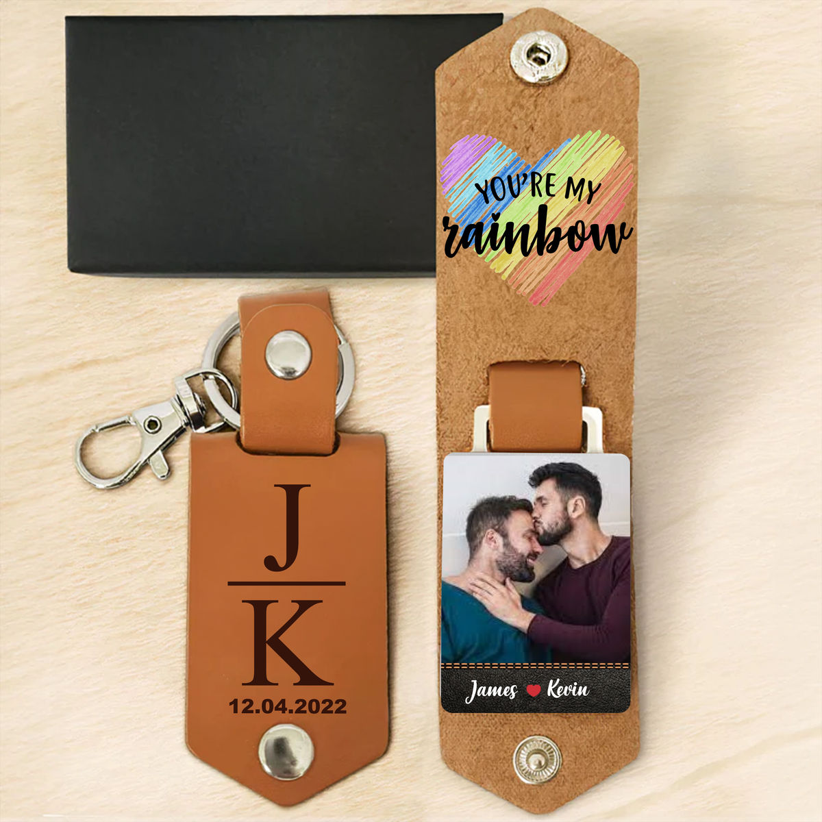 Gift For Couples - Custom Leather Keychain - You Are My Rainbow - Upload Your Photo - Gift For Pride Month - Personalized Photo Keychain_1