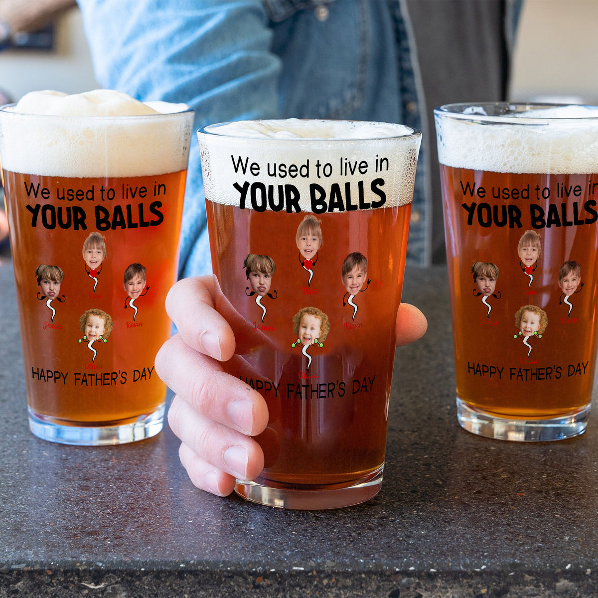 Photo Beer Glass - We used to lived in your balls. Happy Father's Day - Upto 5 Childrens - Father's Day Gift, Gift For Dad, Grandpa - Personalized Photo Beer Glass_4