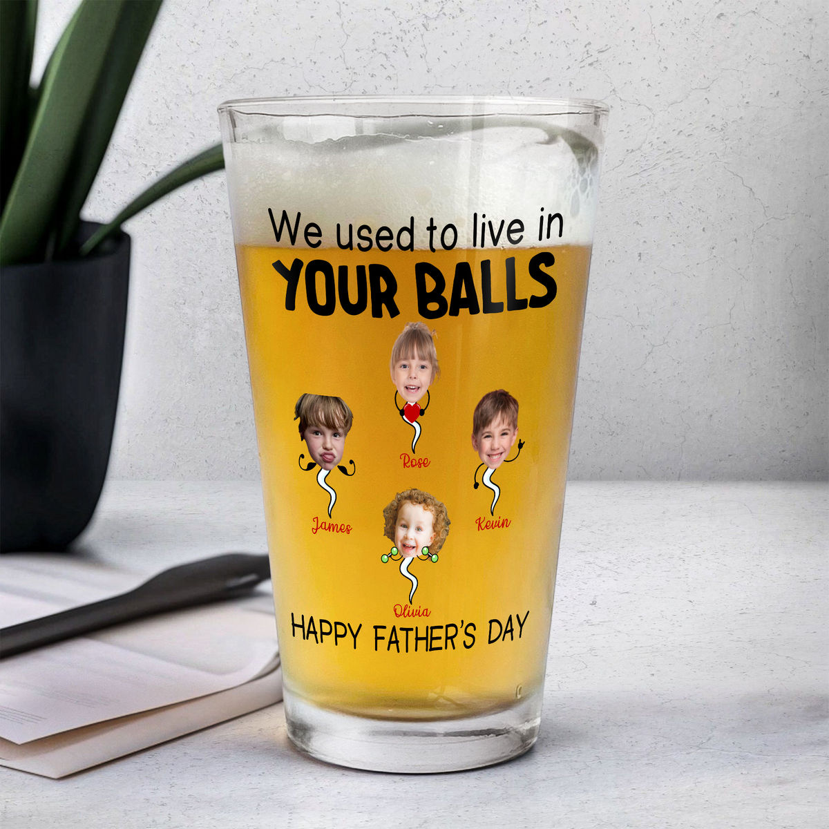 Photo Beer Glass - We used to lived in your balls. Happy Father's Day - Upto 5 Childrens - Father's Day Gift, Gift For Dad, Grandpa - Personalized Photo Beer Glass_2