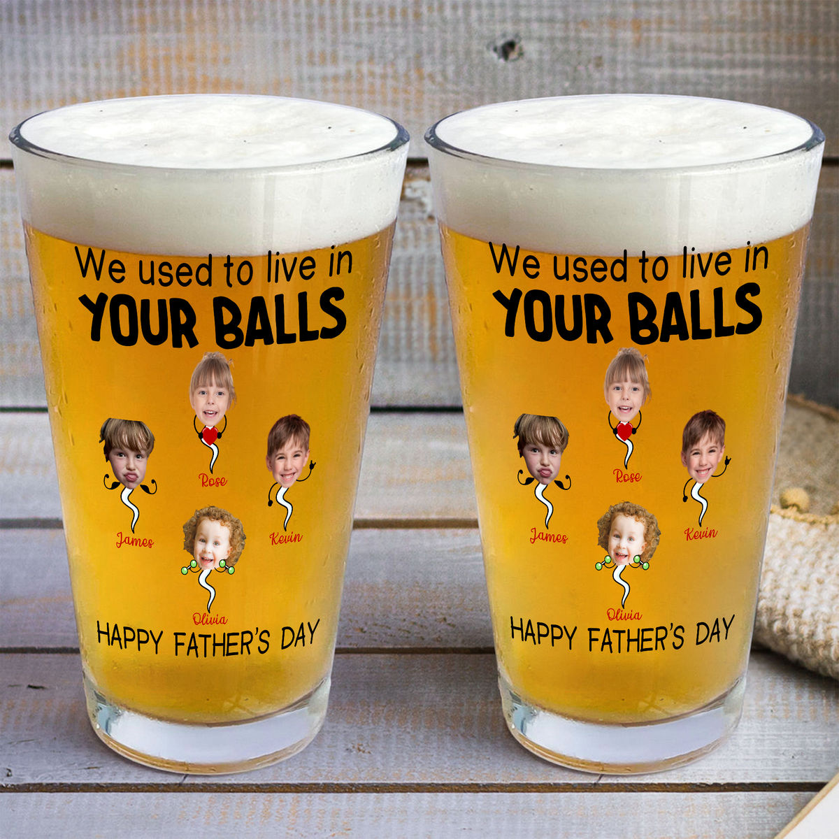 Photo Beer Glass - We used to lived in your balls. Happy Father's Day - Upto 5 Childrens - Father's Day Gift, Gift For Dad, Grandpa - Personalized Photo Beer Glass_3