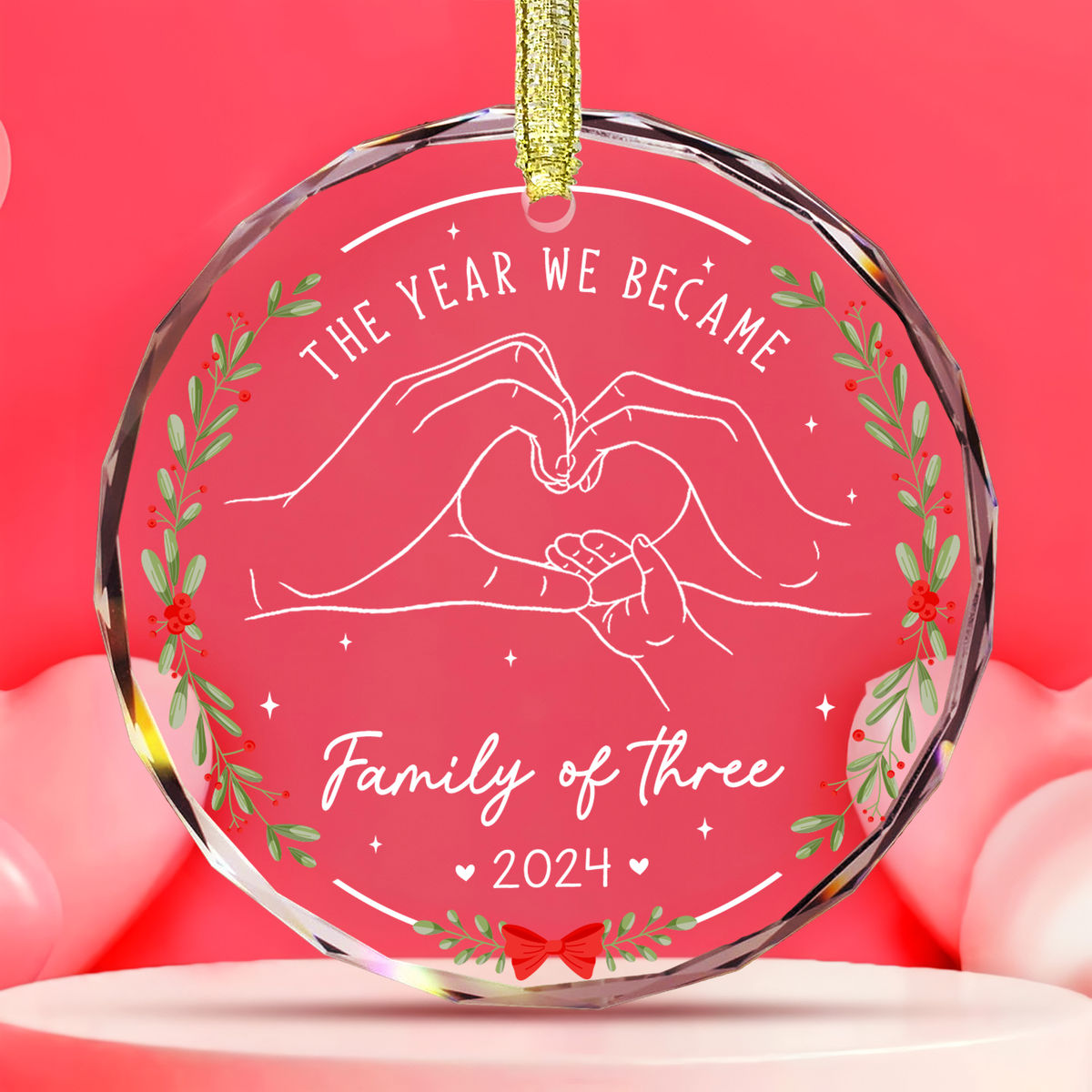 Christmas Gifts For Family - The Year We Became Family Of Three - First Christmas Ornament, Gift for New Mom, New Dad, Family of Three Xmas Ornament - Personalized Round Glass Ornament_3