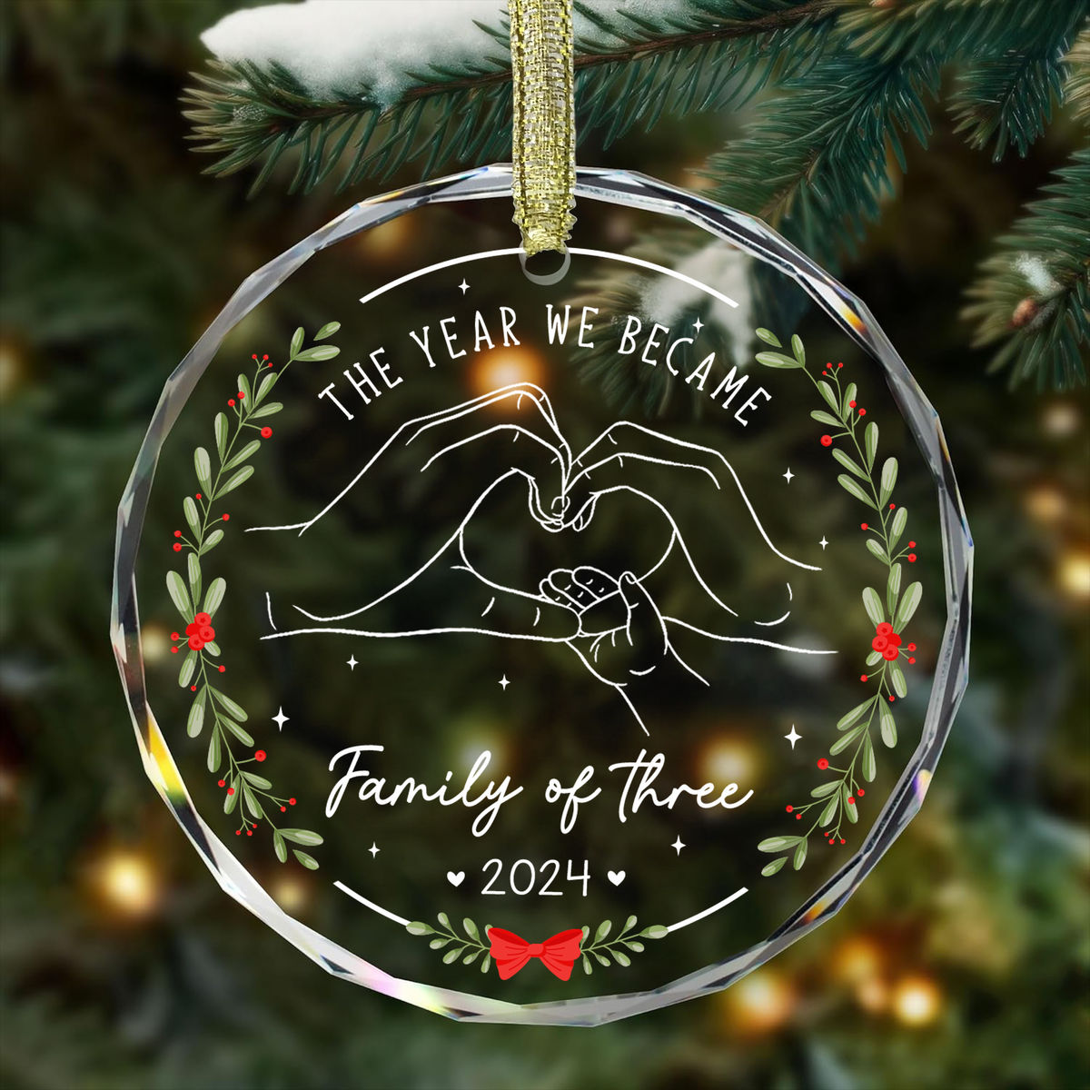 Christmas Gifts For Family - The Year We Became Family Of Three - First Christmas Ornament, Gift for New Mom, New Dad, Family of Three Xmas Ornament - Personalized Round Glass Ornament