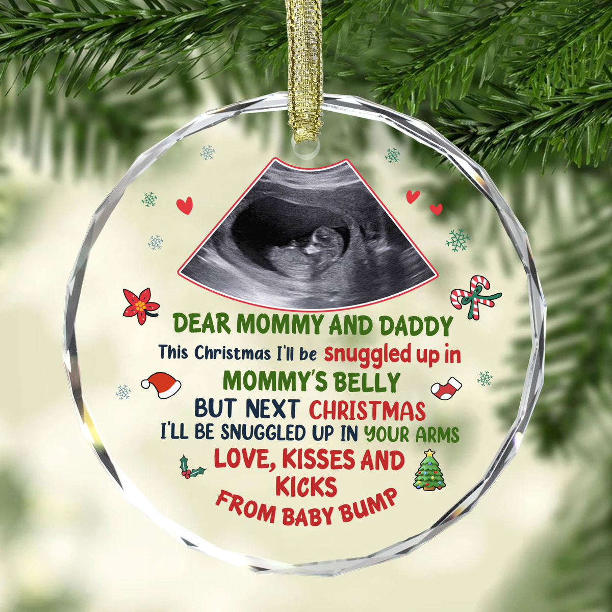 Photo Ornament - Christmas Gifts For New Dad, New Mom, Baby - Photo Gift - Love Kisses and Kicks From Baby Bump - Personalized Photo Round Glass Ornament