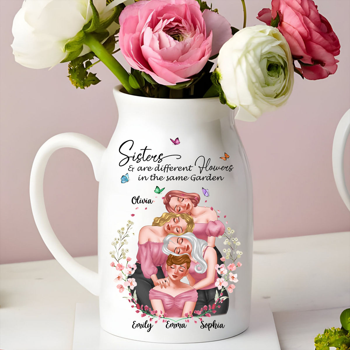 Family Gift - Flower Ceramic Vase - Sisters are different flowers in the same garden (v3) - Personalized Vase