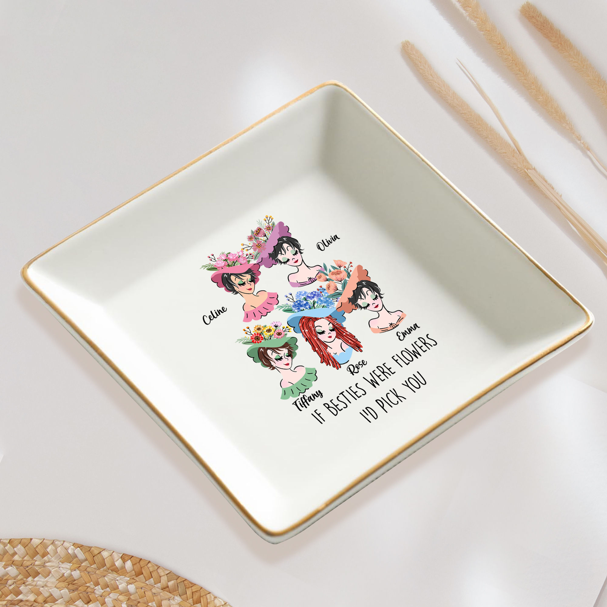 DOPTIKA Personalized Birth Month Flowers Jewelry Tray - Ceramic Ring Dish, Gift For Her, Best Friend, Sister - View #9