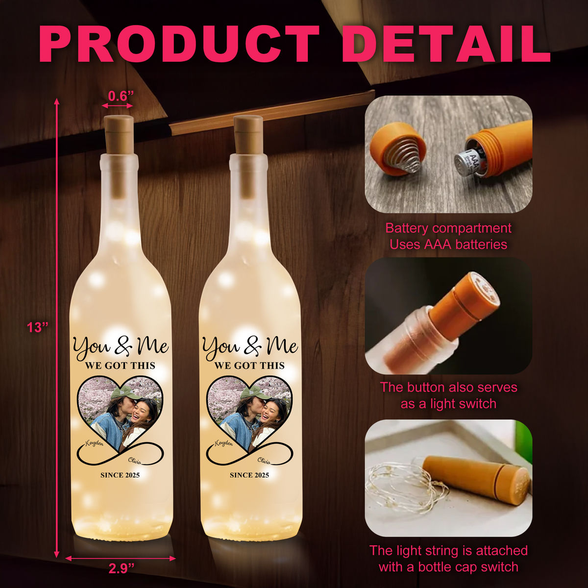 Manually Design Custom Portrait From Photo, Personalized Bottle Lamp You And Me We Memorial Gifts Personalized