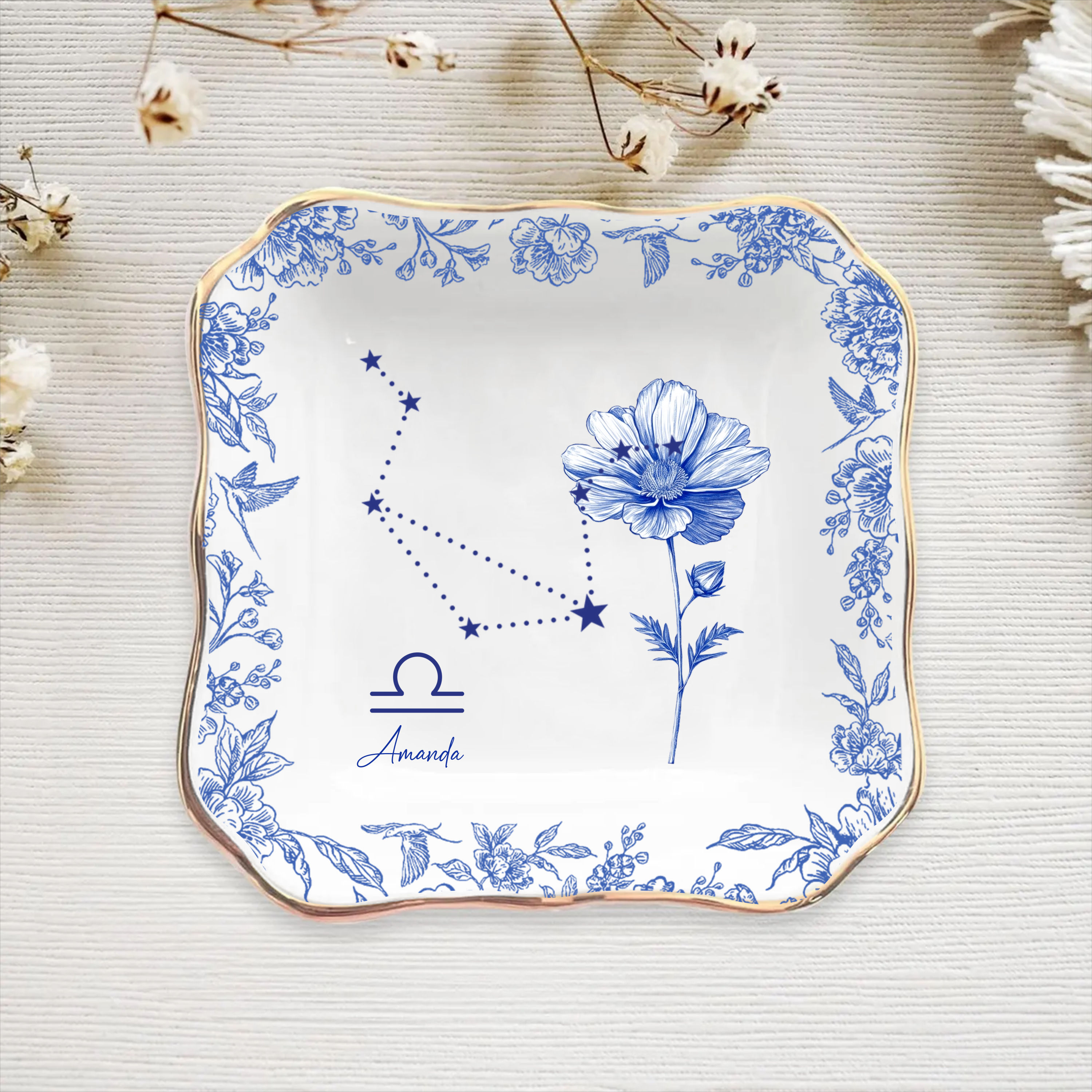 Wrappiness Personalized Sisters Birth Month Flower Jewelry Dish - 4 Inch Ceramic Trinket Tray, Custom Gift