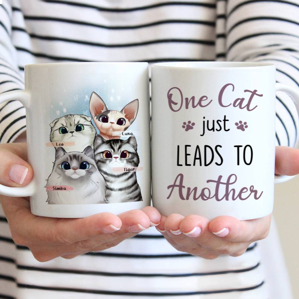 Personalized Mug - Curious Cat Special Edition - One cat just lead to another (blue)