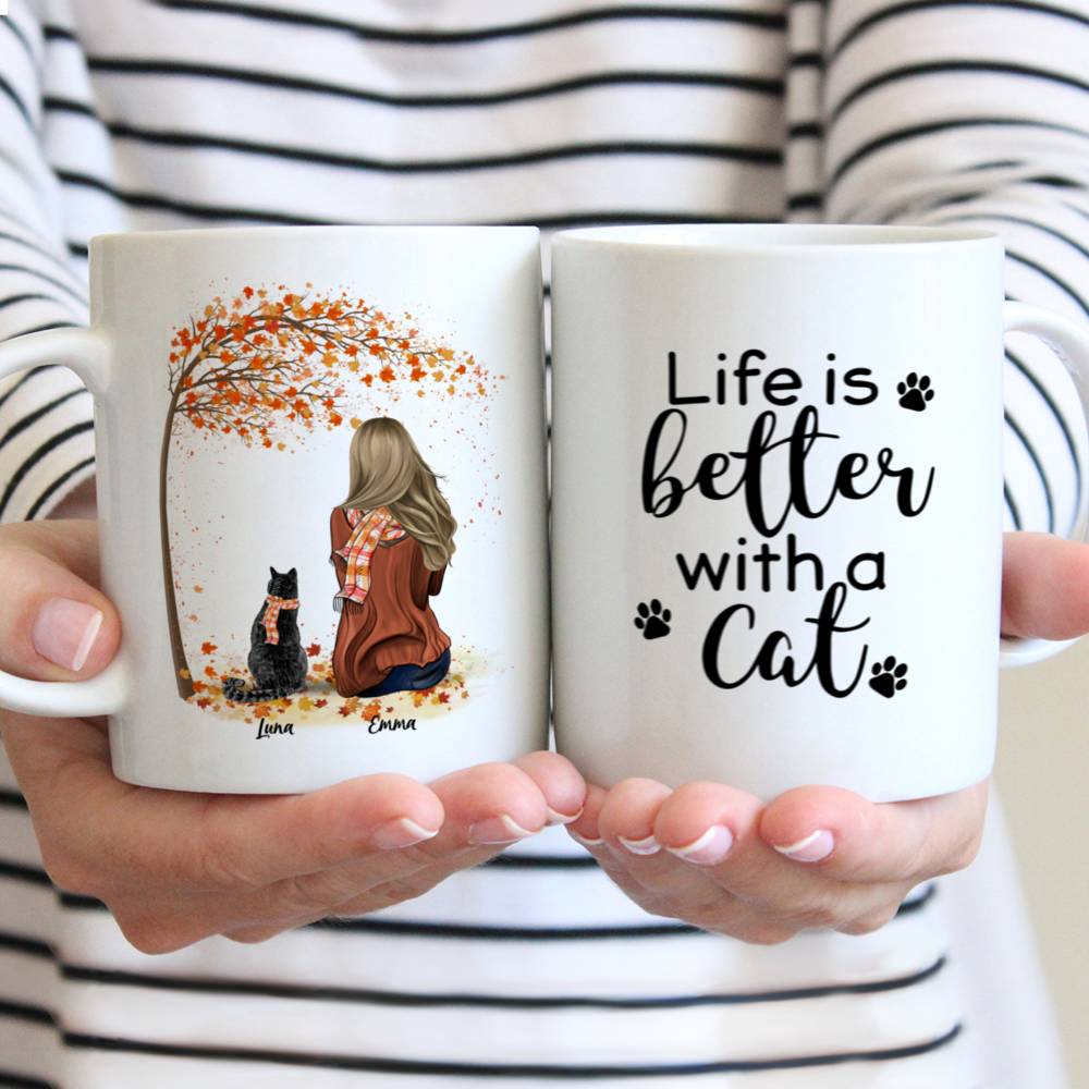 Personalized Mug - Girl and Cats Autumn - Life Is Better With A Cat