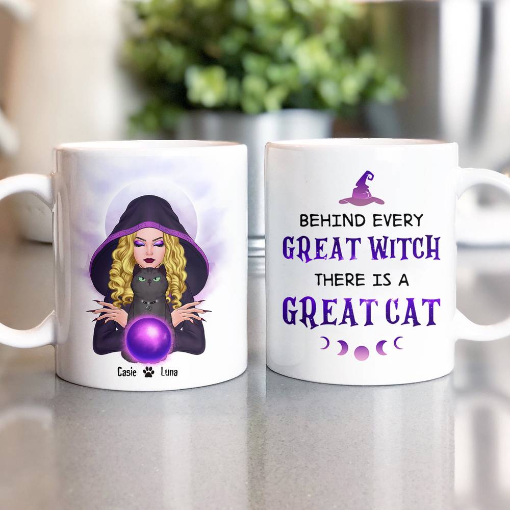 Personalized Mug - Halloween - Cat Witch - Behind every great witch there is a great cat_1