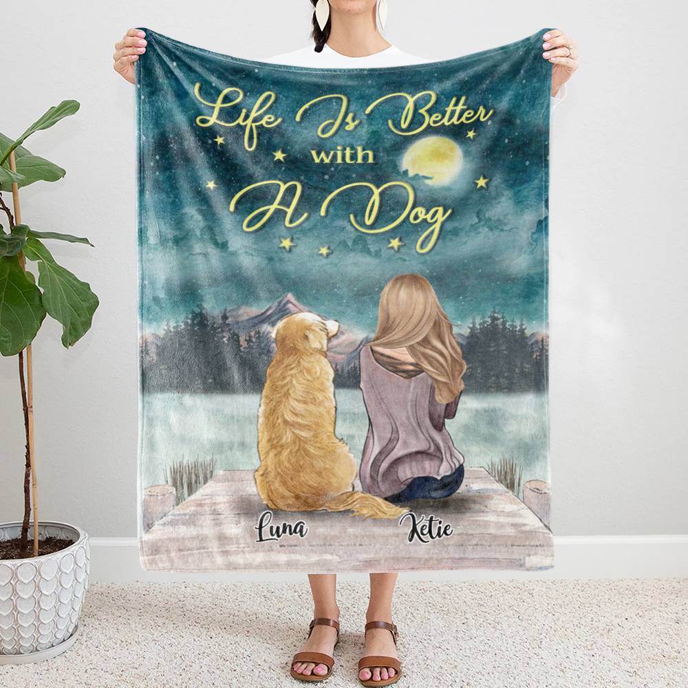Personalized Fleece Blanket - Girl and Dogs - Life is Better with Dogs
