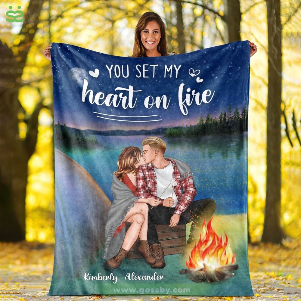Personalized Blanket - Camping Couple - You set my heart on fire