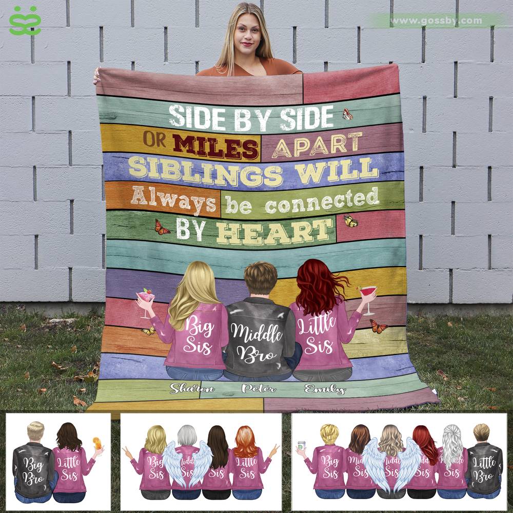 Personalized Blanket - Up to 6 Siblings - Side by side or miles apart, Siblings will always be connected by heart (6361)