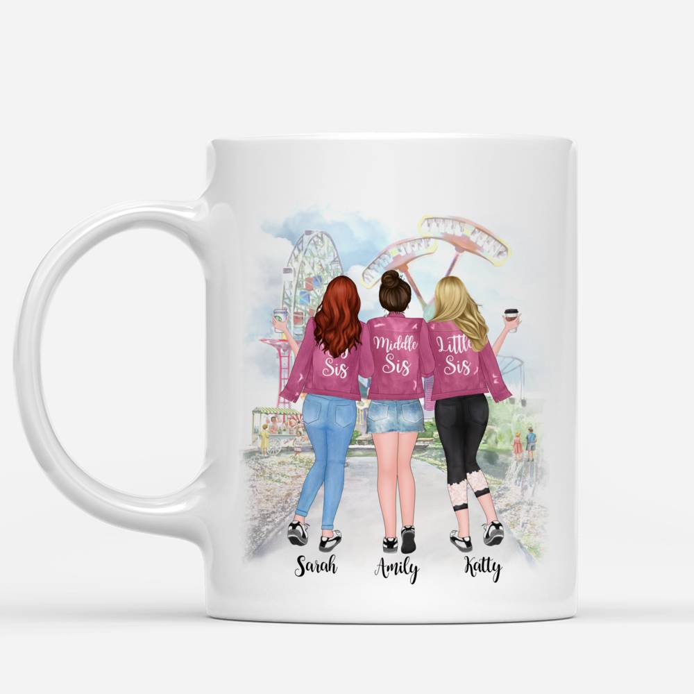 Personalized Mug - Up to 5 Sisters - Side by side or miles apart, Sisters will always be connected by heart (Pink) (Park)_1