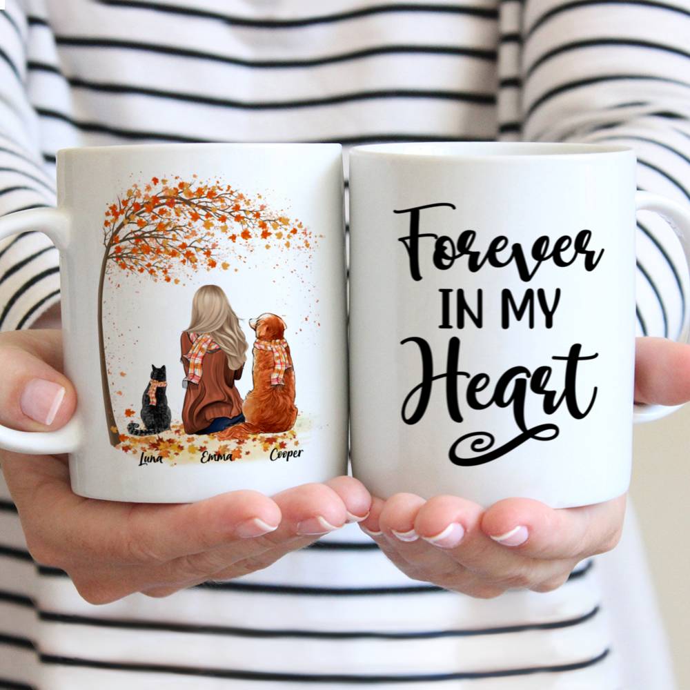 Personalized Mug - Girl and Dogs and Cats Autumn - Forever In My Heart