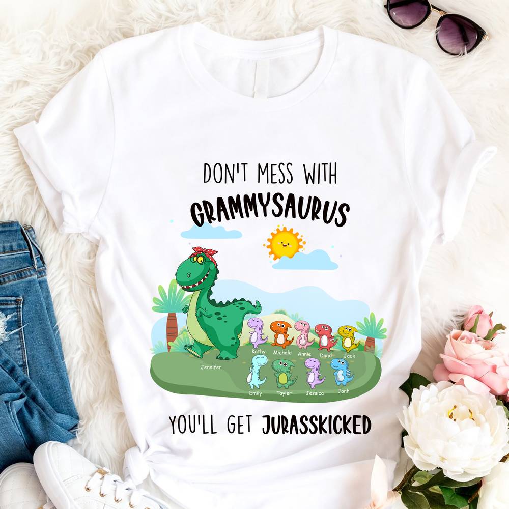 Personalized Shirt - Grandkid  - T Shirt - Don't mess with Grammysaurus you'll get jurasskicked