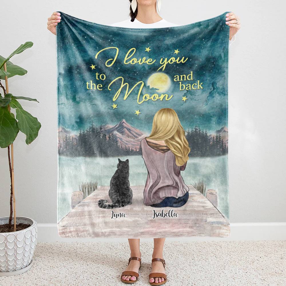 Custom Blankets - Girl and Cats - I Love You to The Moon and Back