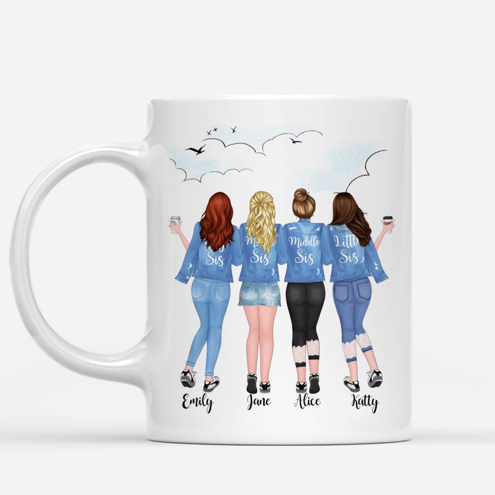 Personalized Mug - 4 Sisters - Side by side or miles apart, Sisters will always be connected by heart. - Blue_1