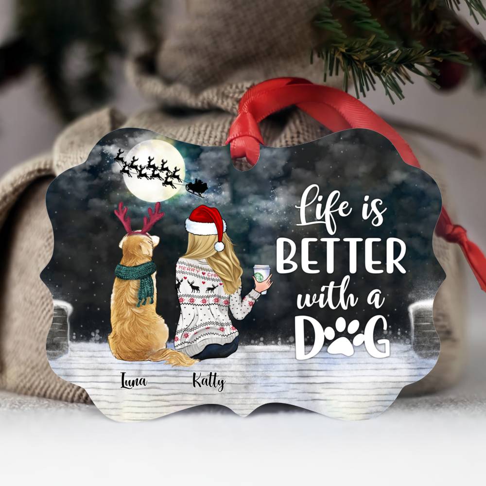 Personalized Ornament - Girl and Dogs - Life is better with a dog (5946)