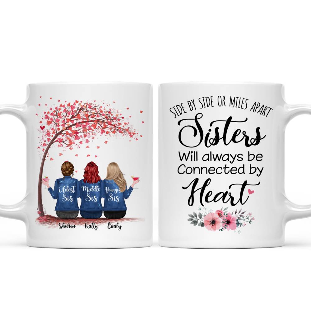 Personalized Mug - Sisters - Side by side or miles apart, Sisters will always be connected by heart (6227)_4