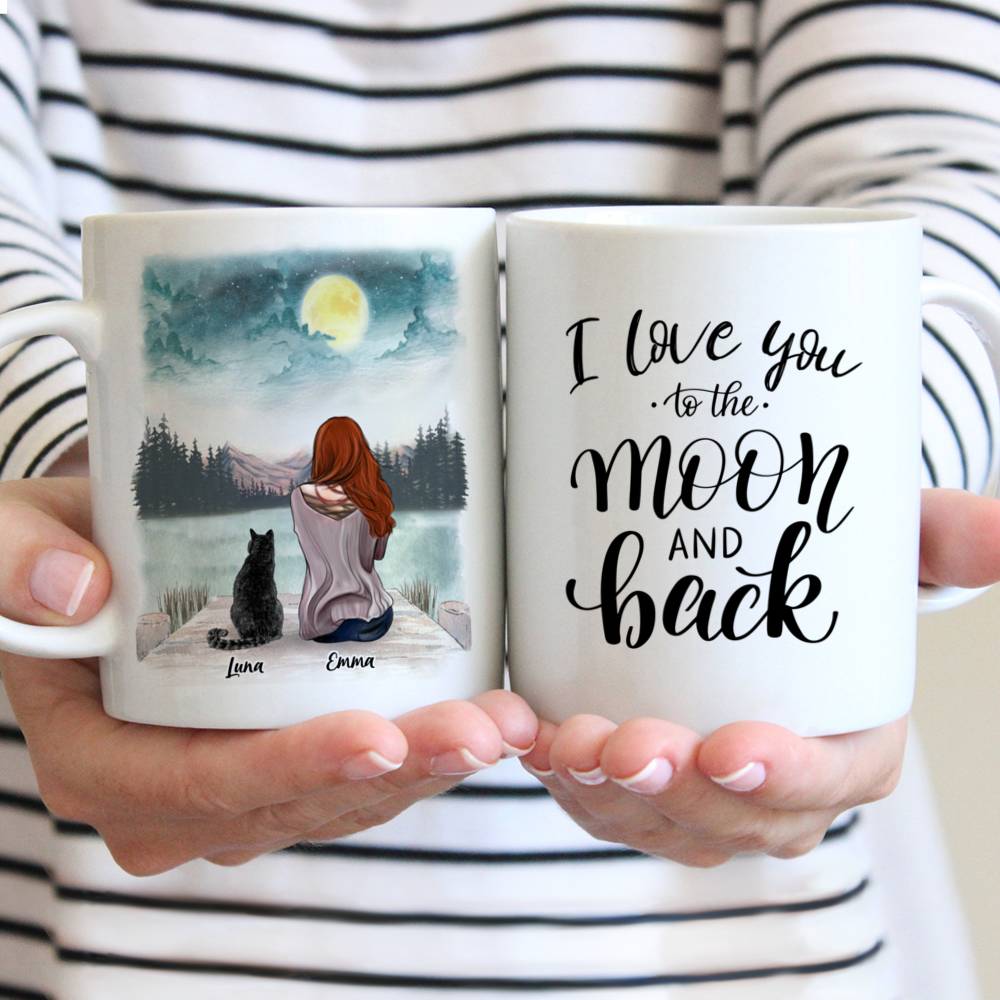 Personalized Mug - Girl and Cats - I love you to the moon and back v2