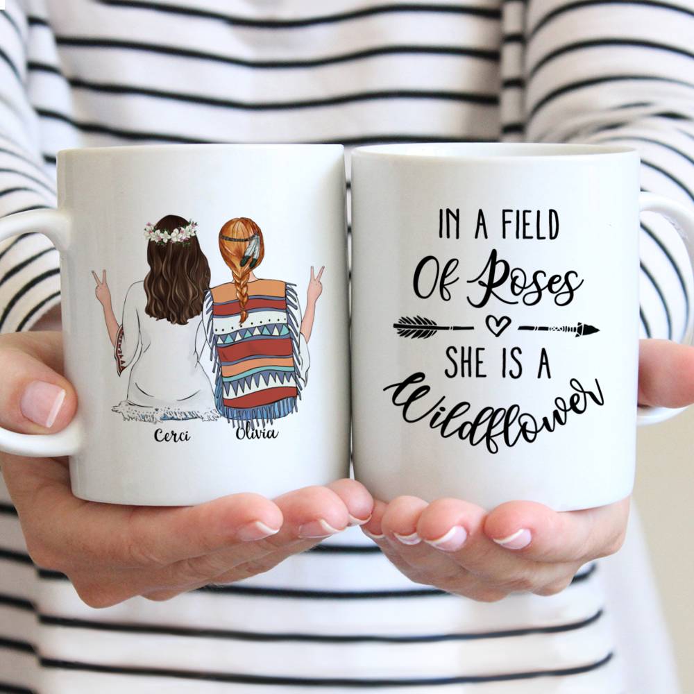 Personalized Mug - Boho Hippie Bohemian Girls - In A Field Of Roses She Is A Wildflower