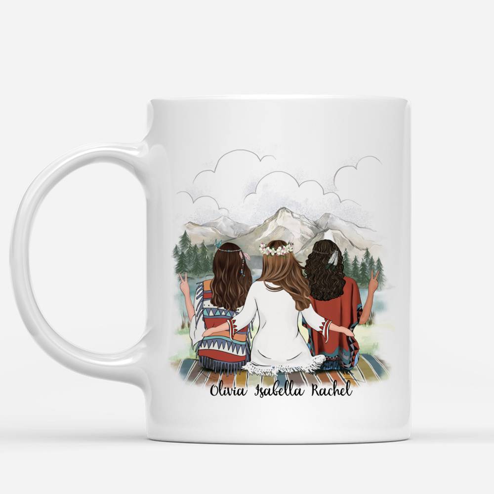 Personalized Mug - Boho Hippie Bohemian Three Girls - Side By Side Or Miles Apart Sisters Will Always Be Connected By The Heart_1