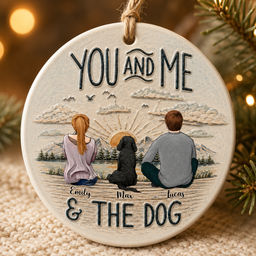 Personalized "You & Me & the Dog" 3D Ceramic Ornament - Custom Names Newlyweds Anniversary, Dog Mom & Dad Christmas Tree Keepsake