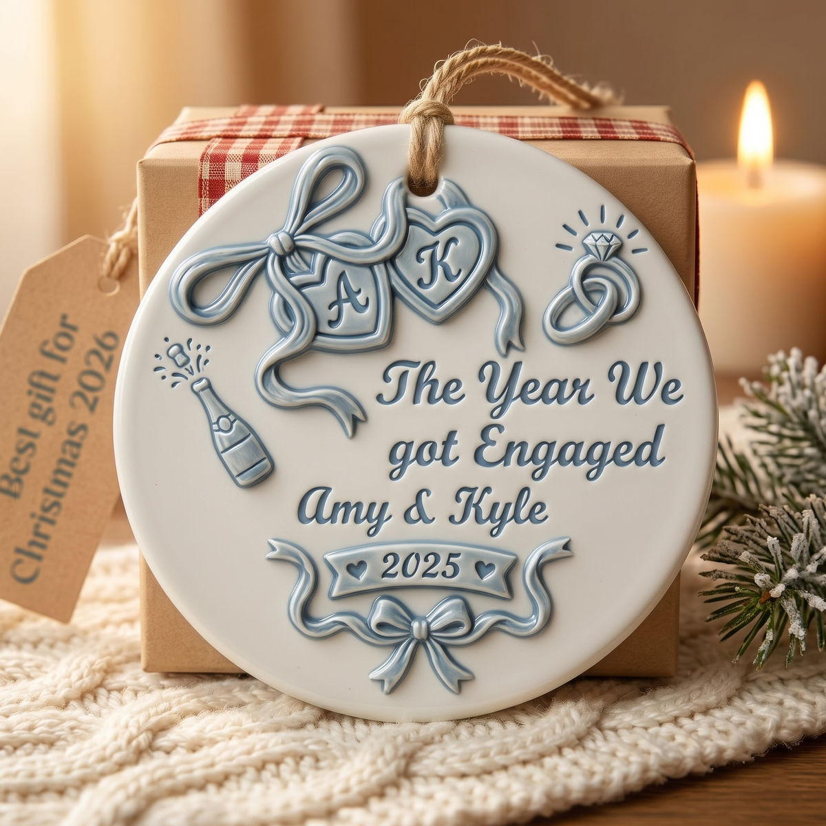 Personalized 3D Embossed Engagement Ornament - Custom Names The Year We Got Engaged Christmas Tree Keepsake Gift for Engaged Couple