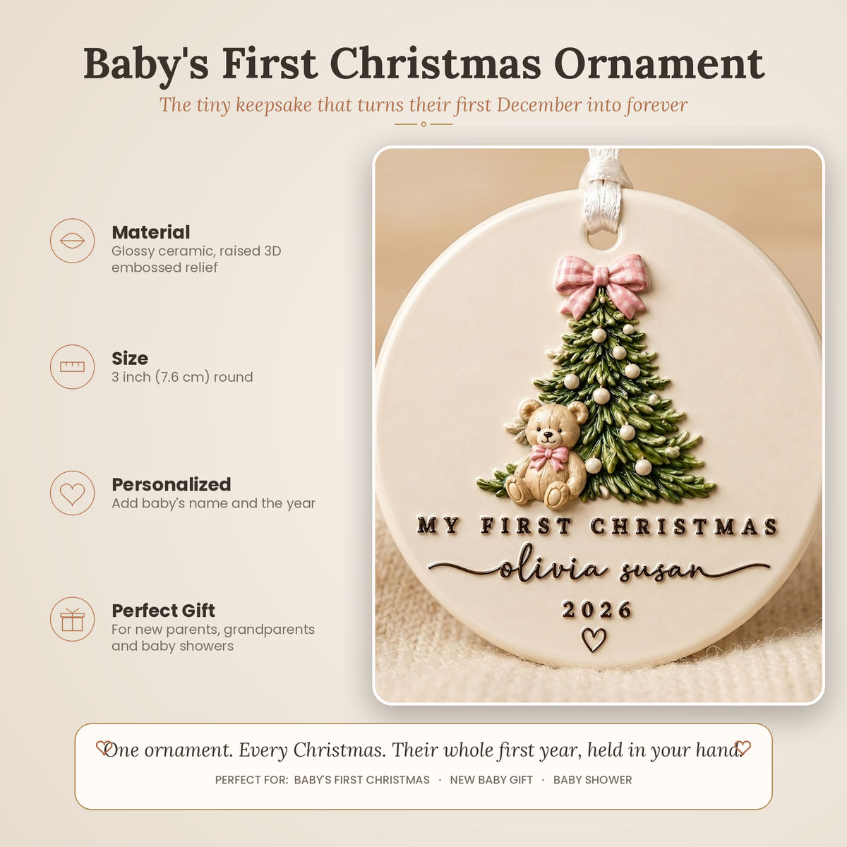 Baby's First Christmas Teddy Bear Ornament 2026, Custom Name_3