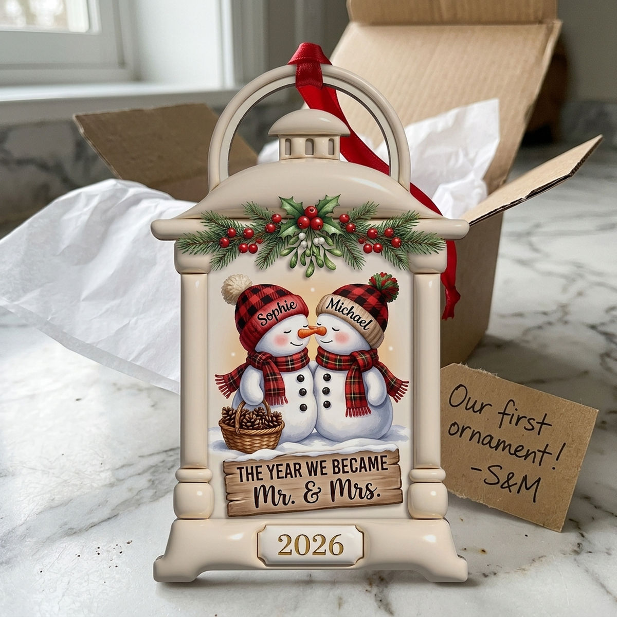 Christmas Couple - Raised 3D Couple Ornament, Mr and Mrs Christmas Decoration for Newlyweds & Wedding Gifts - Personalized Acrylic Custom Shape 3D Ornament_3
