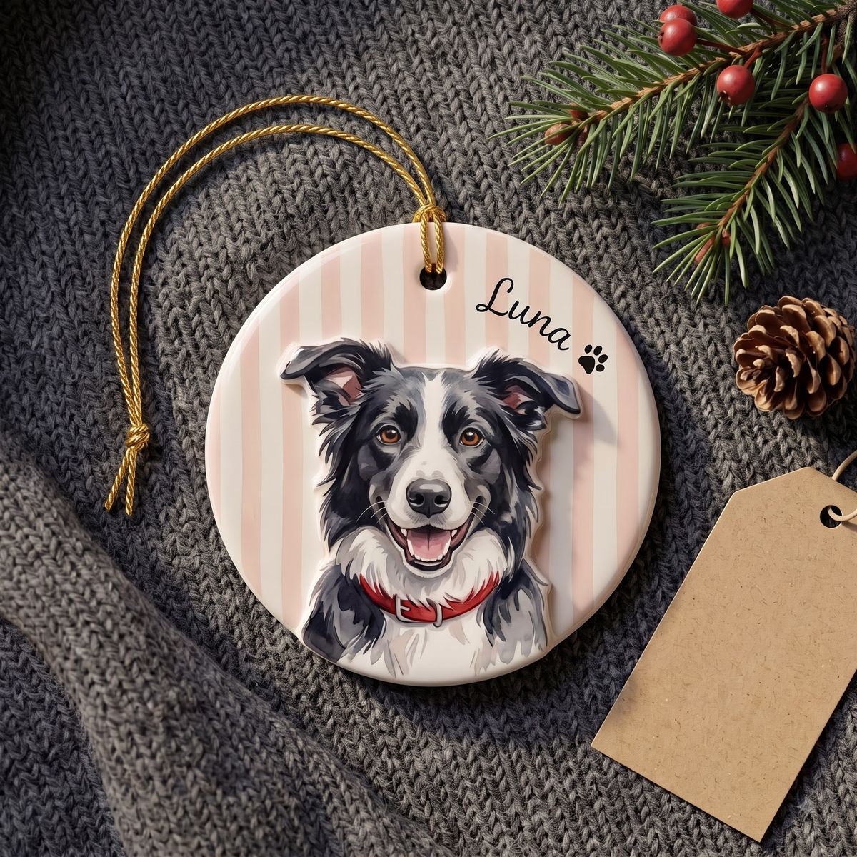 Dog Lover Gifts - Dog Raised 3D Ornament, Custom Pet Name Striped Christmas Tree Decoration for Dog Lovers - Personalized Photo Circle Ceramic 3D Ornament_2