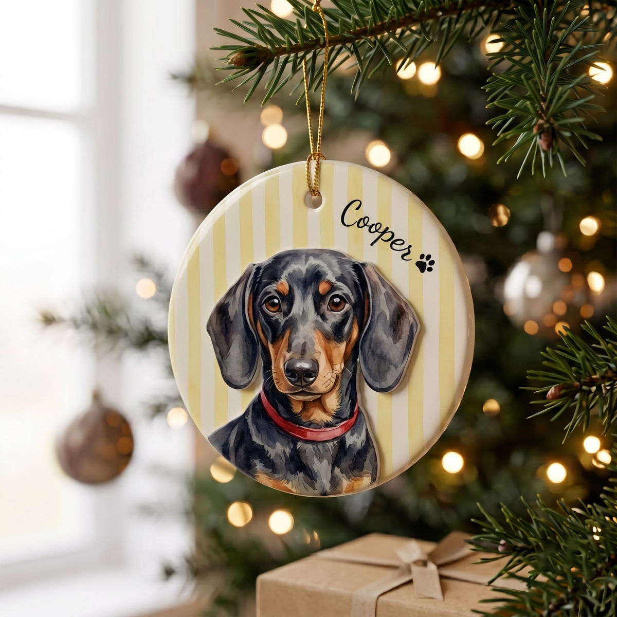 Dog Lover Gifts - Dog Raised 3D Ornament, Custom Pet Name Striped Christmas Tree Decoration for Dog Lovers - Personalized Photo Circle Ceramic 3D Ornament