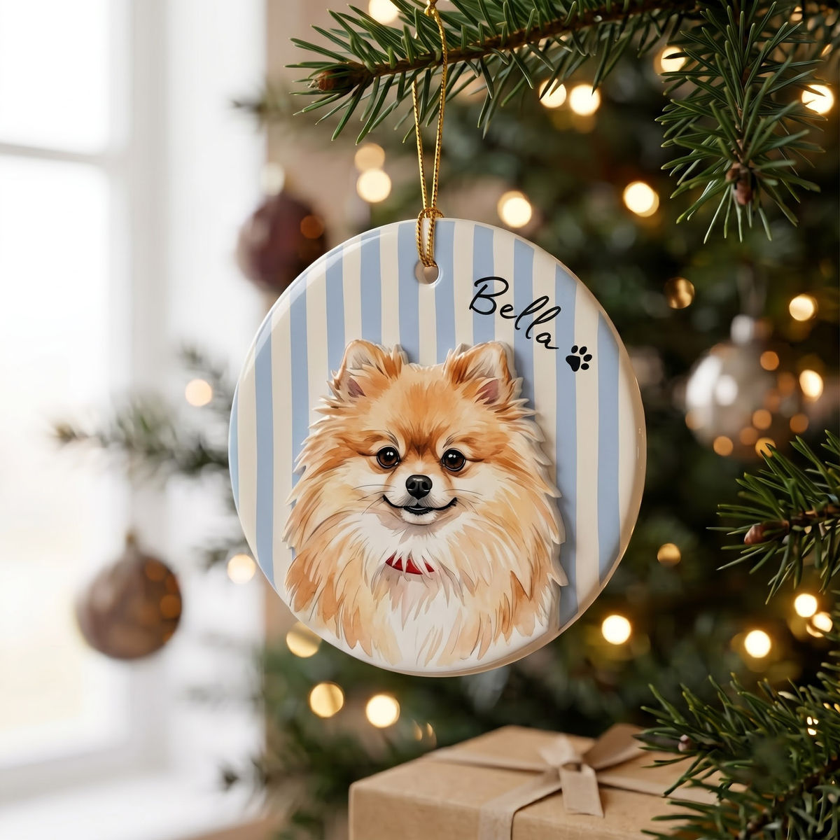 Dog Lover Gifts - Dog Raised 3D Ornament, Custom Pet Name Striped Christmas Tree Decoration for Dog Lovers - Personalized Photo Circle Ceramic 3D Ornament_6