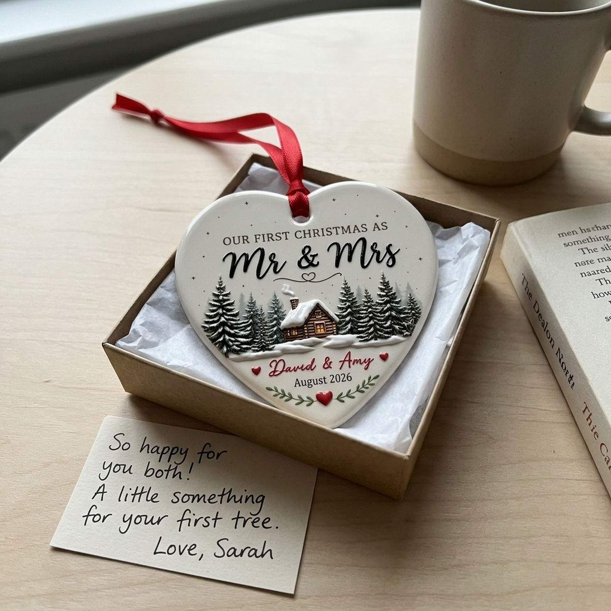 Couple Christmas - Our First Christmas Custom Names & Date Keepsake for Newlyweds & Wedding - Personalized Heart Ceramic 3D Ornament_3