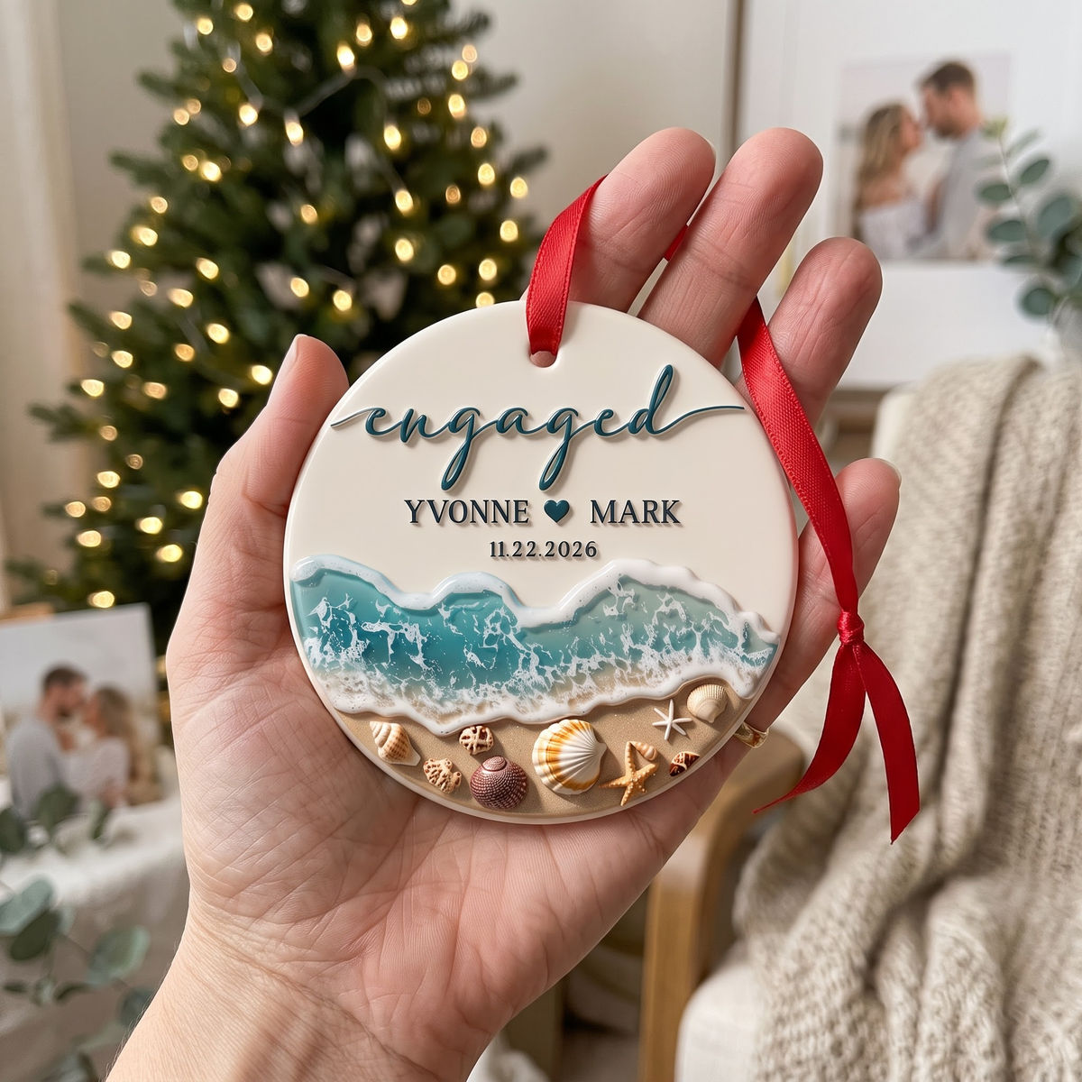 Couple Christmas - Engaged Couple 3D Raised Ornament, Engagement 3D Realistic Ornament,  Keepsake for Newly Engaged Couple - Personalized Circle Ceramic 3D Ornament_2