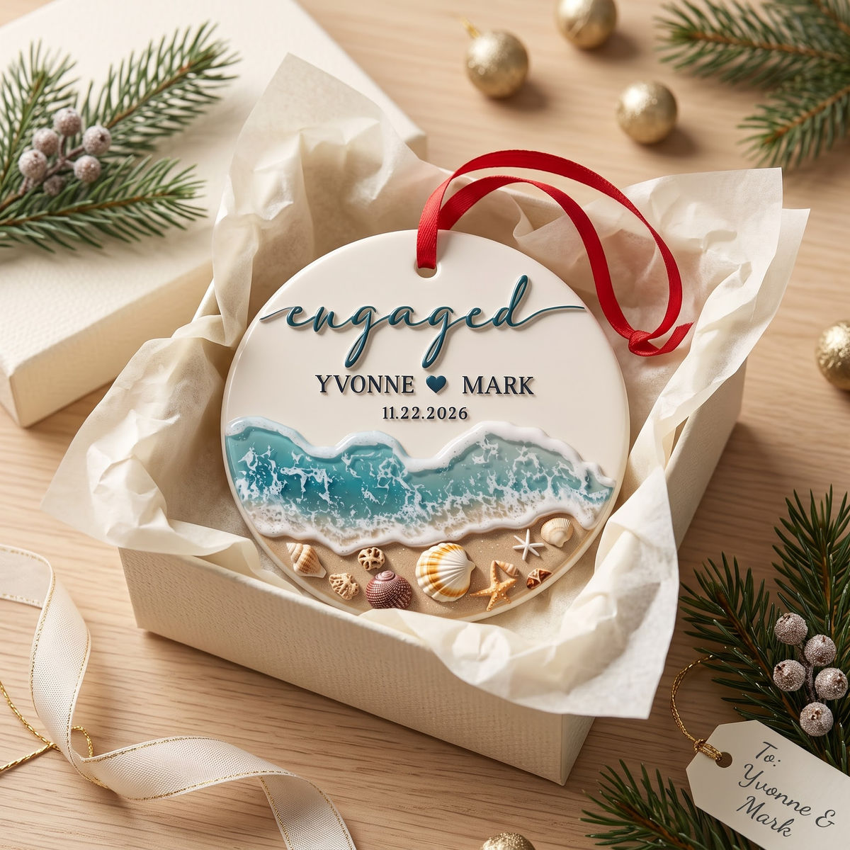 Couple Christmas - Engaged Couple 3D Raised Ornament, Engagement 3D Realistic Ornament,  Keepsake for Newly Engaged Couple - Personalized Circle Ceramic 3D Ornament_3