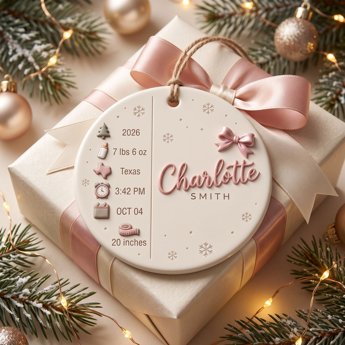 Baby First Christmas - Newborn Stats Ornament, Raised 3D Baby Keepsake - Personalized Circle Ceramic 3D Ornament_1