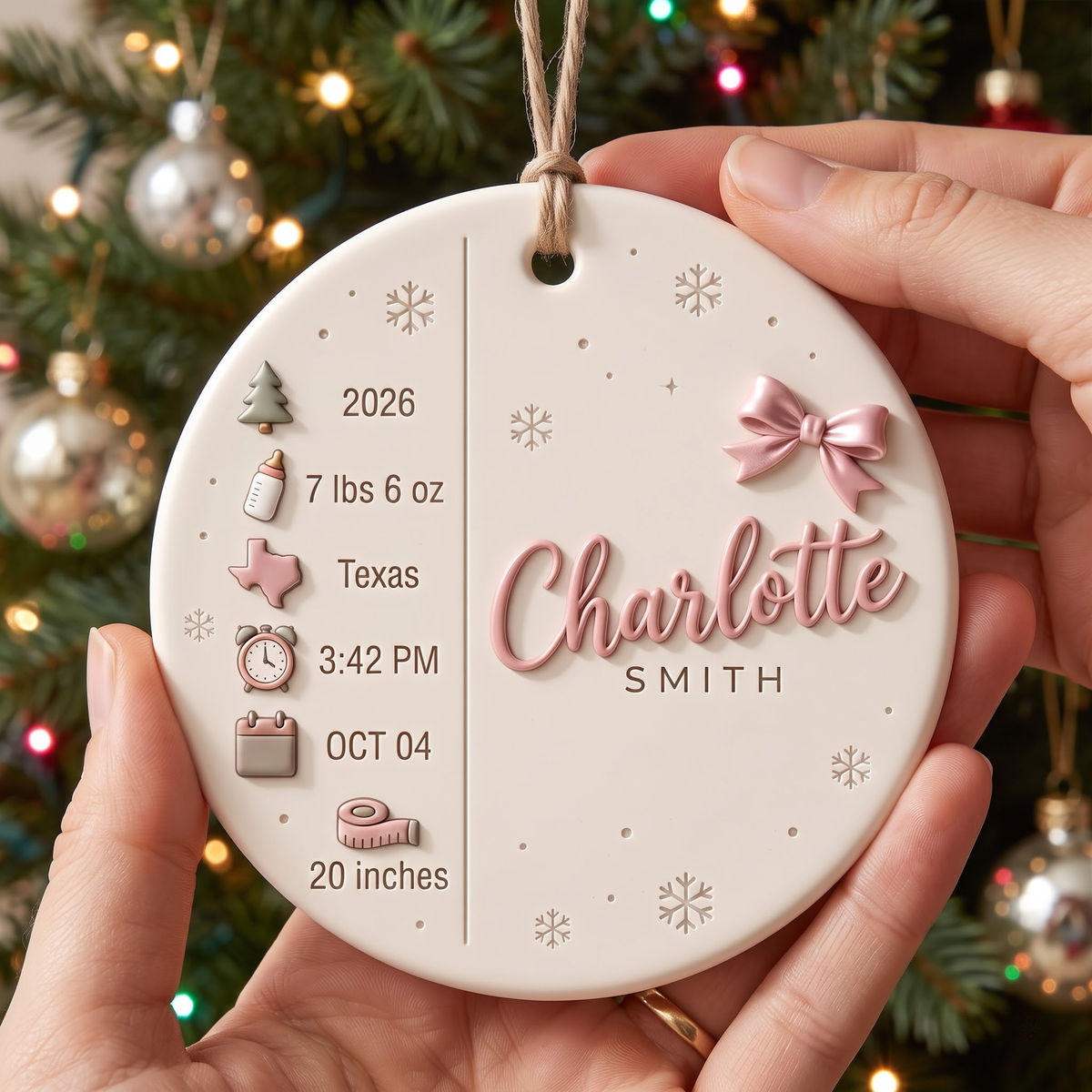 Baby First Christmas - Newborn Stats Ornament, Raised 3D Baby Keepsake - Personalized Circle Ceramic 3D Ornament
