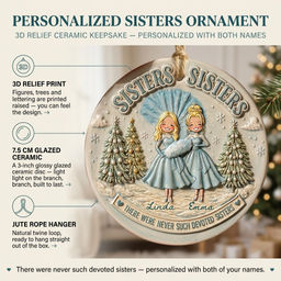 Personalized Sisters Christmas 3D Relief Ornament - Custom Up to 5 Sisters 3D Embossed Ornament, Devoted Sisters Holiday Keepsake Gift - Personalized Circle Ceramic 3D Ornament_6