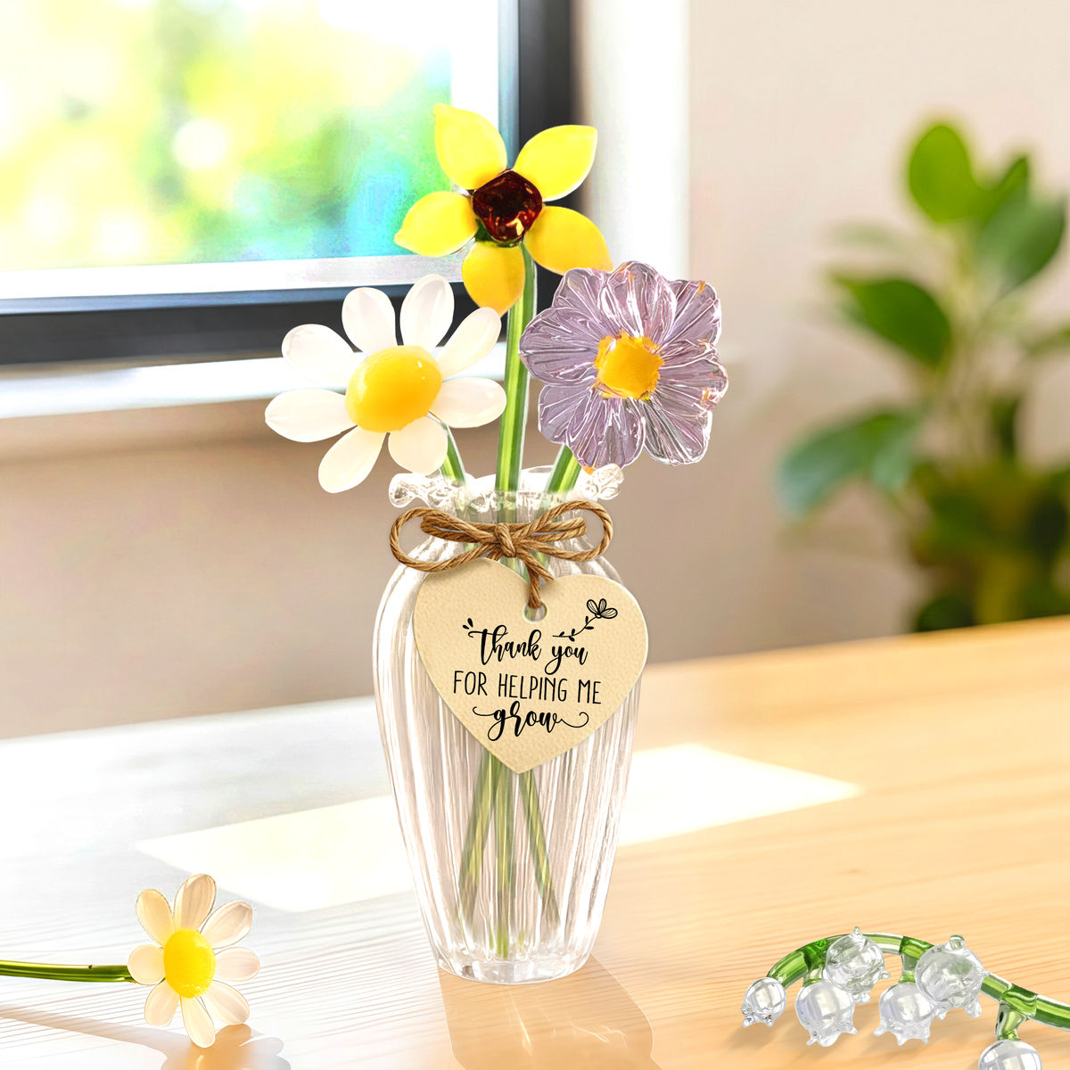 Thank You for Helping Me Grow Stained Glass Flower Bouquet - Personalized Handmade Glass Flower, Mother's Day Appreciation Gift_2