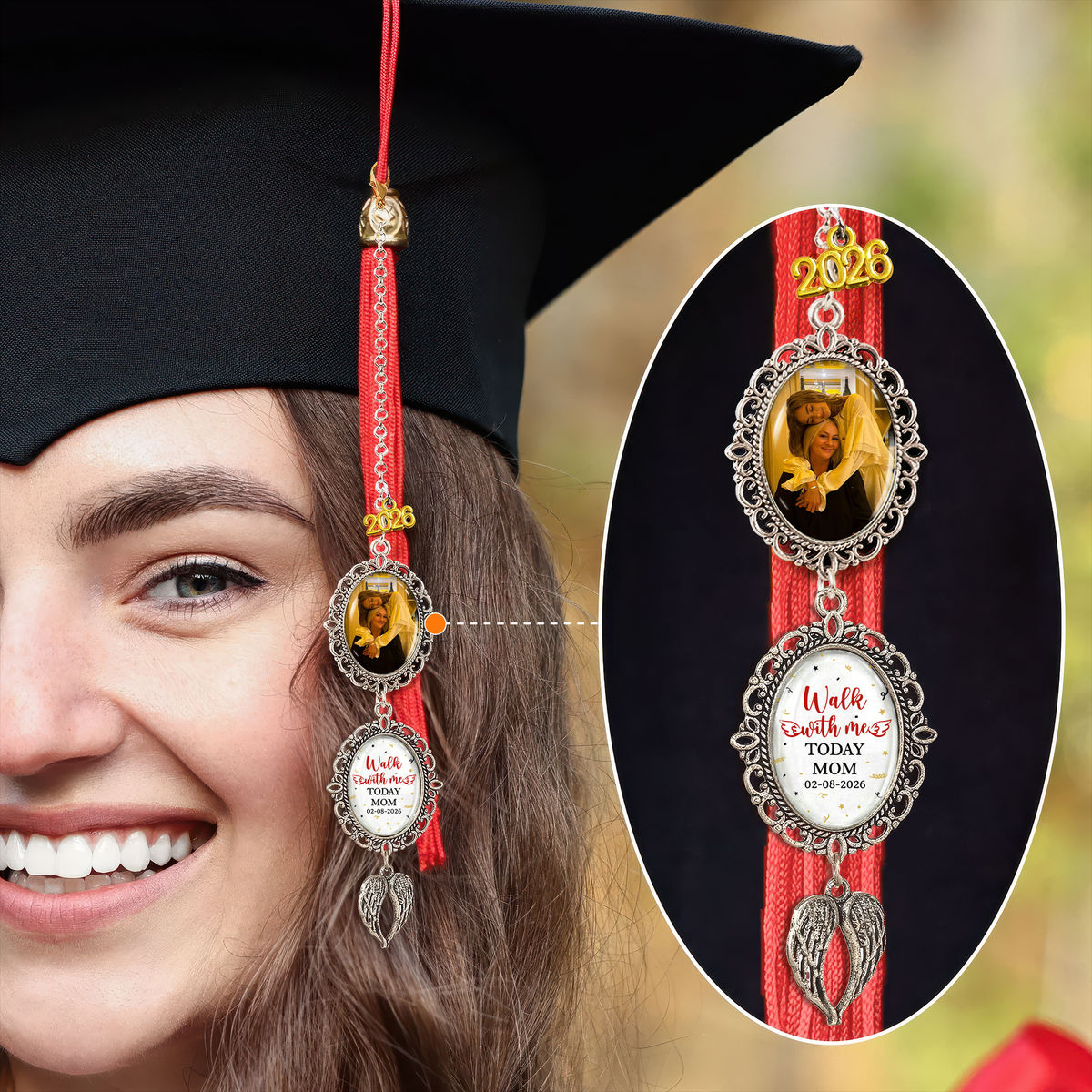 Custom Graduation Cap Tassel Photo Charm - Walking Beside You Memorial Charm for Graduate, Personalized Picture Pendant Keepsake