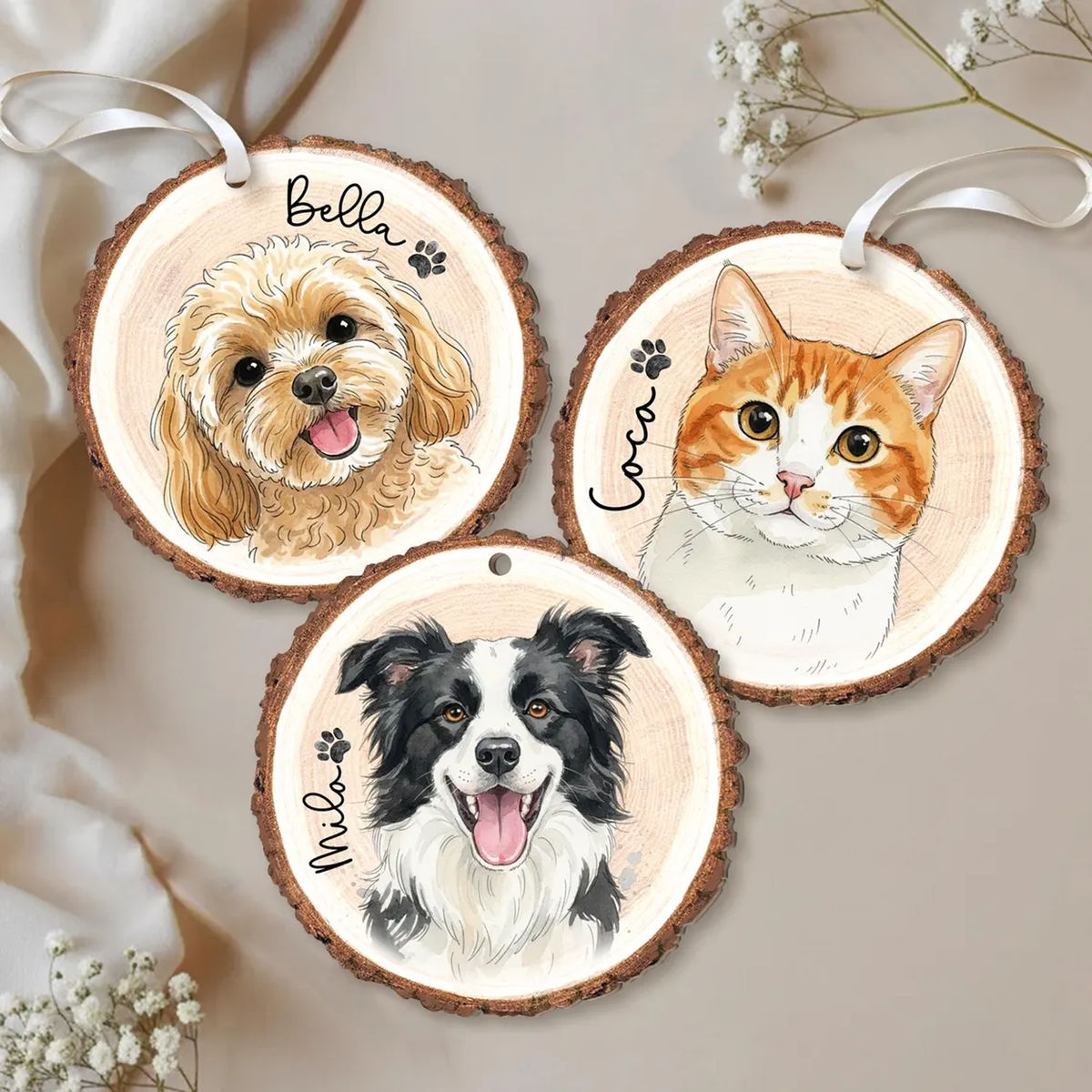 Gift for Pets Lover - Personalized Watercolor Photo Pet Wooden Ornament: Pet Portrait From Photo - Personalized Photo Ornament