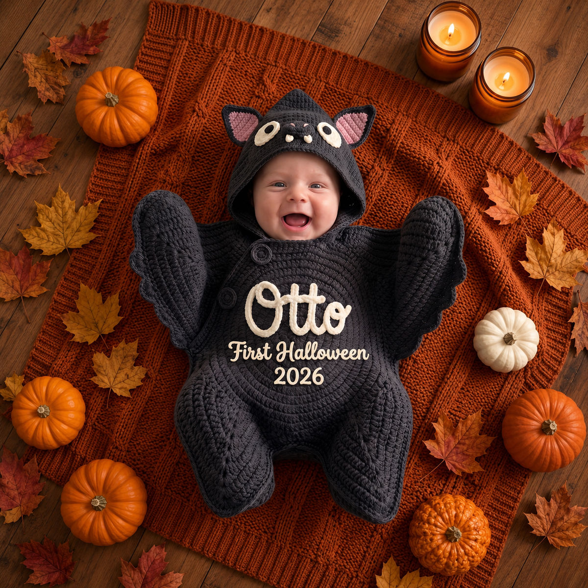Halloween Custom Baby Starfish Crochet Bodysuit - Personalized Newborn Swaddle Wrap with Hood, Cute Cozy Coming Home Holiday Outfit_5