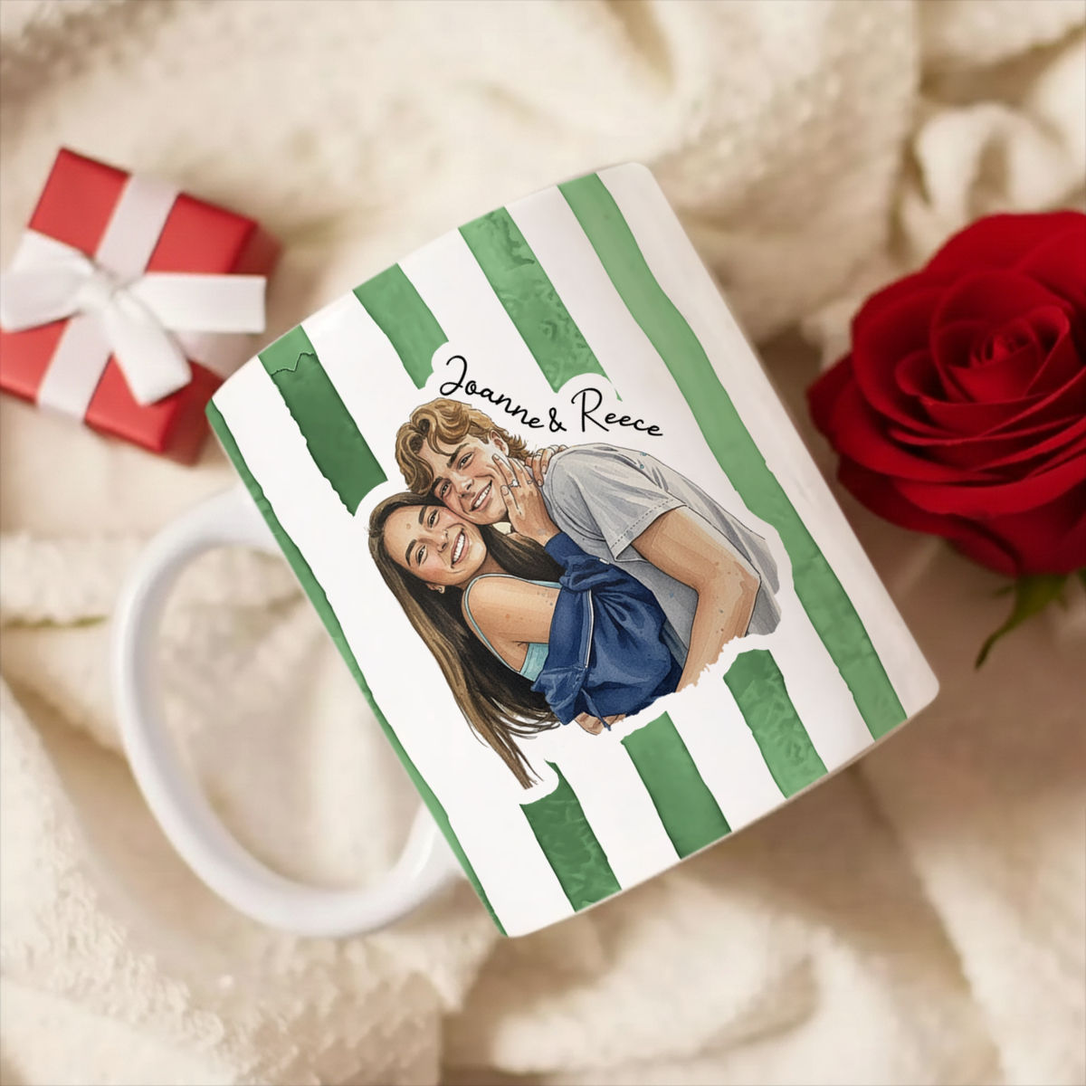 Cabana Stripe Mug - Photo Upload - Personalized Couple Mug, Watercolor Portrait Couple, Friends, Family, Pets... Mug - Trendy Gift 2026 - Personalized Photo Printfull Mug_2