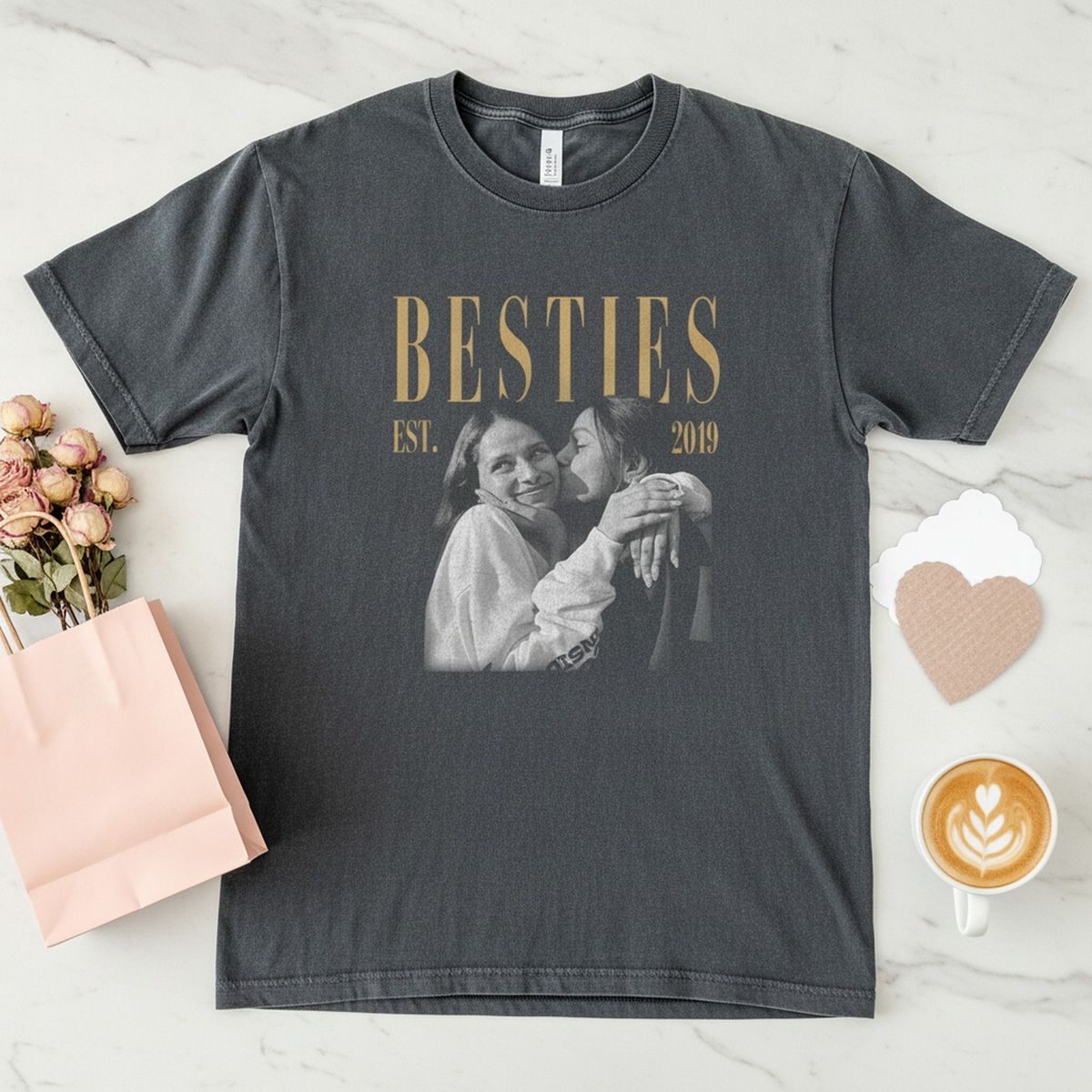 Personalized Besties Photo Shirt - Custom Best Friend Photo Tee with Your Own Est Year on a Garment-Dyed Comfort Colors Blank - Christmas Gift - Birthday Gift - Galentine's Day - Personalized Photo Comfort Colors Shirt_2
