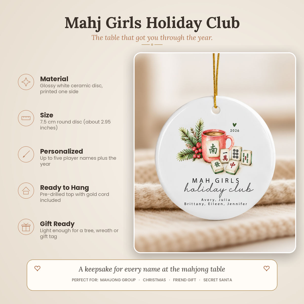 Personalized Mahjong Group Ceramic Ornament - Custom Mah Girls Holiday Club Ornament with Up to Five Player Names and the Year - Personalized Ornament_2